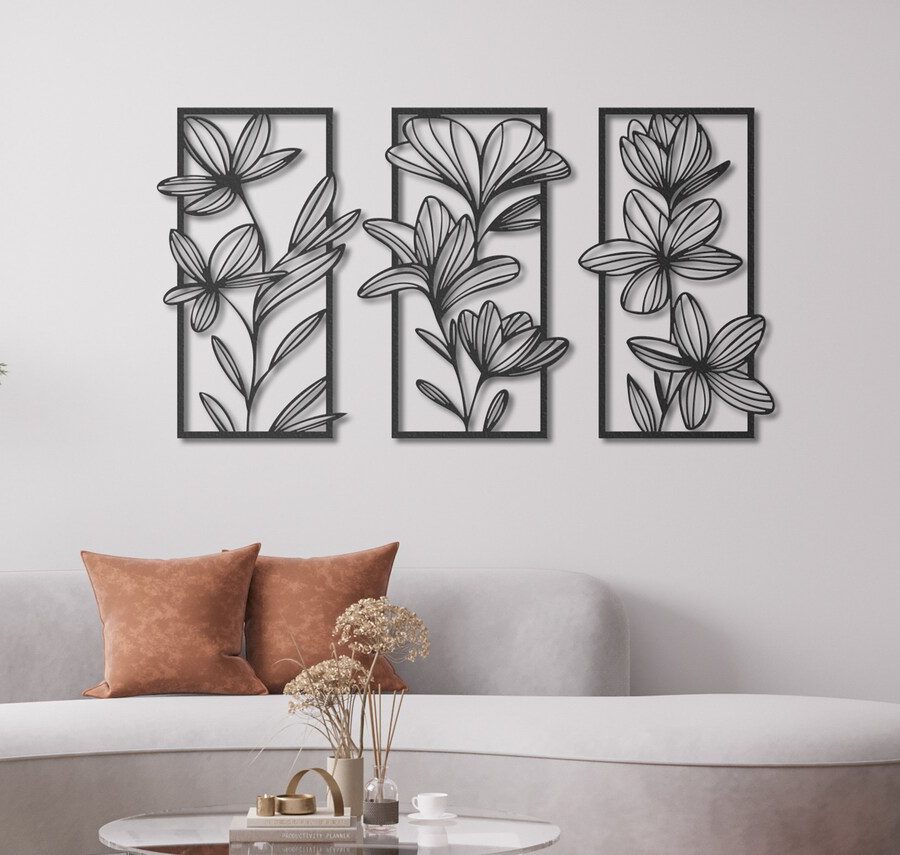 3 Piece Flower Wall Art, Floral Metal Wall Decor, Bedroom Wall Decor, Above Bed Decor, Living Room Wall Decor